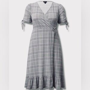 torrid Black & White Plaid Faux-Wrap Midi Dress with purple detail